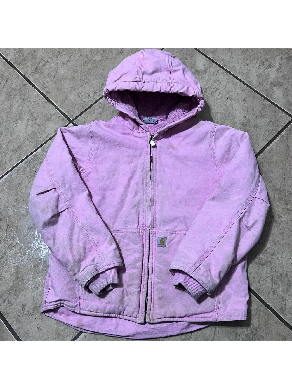 Carhartt Girls Pink Sherpa Lined Canvas Hoodie Full Zip Jacket Outdoors Med10/12